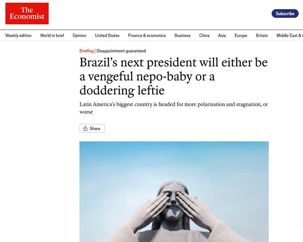 Reportagem da The Economist sobre as eleições brasileiras — Foto: Reprodução