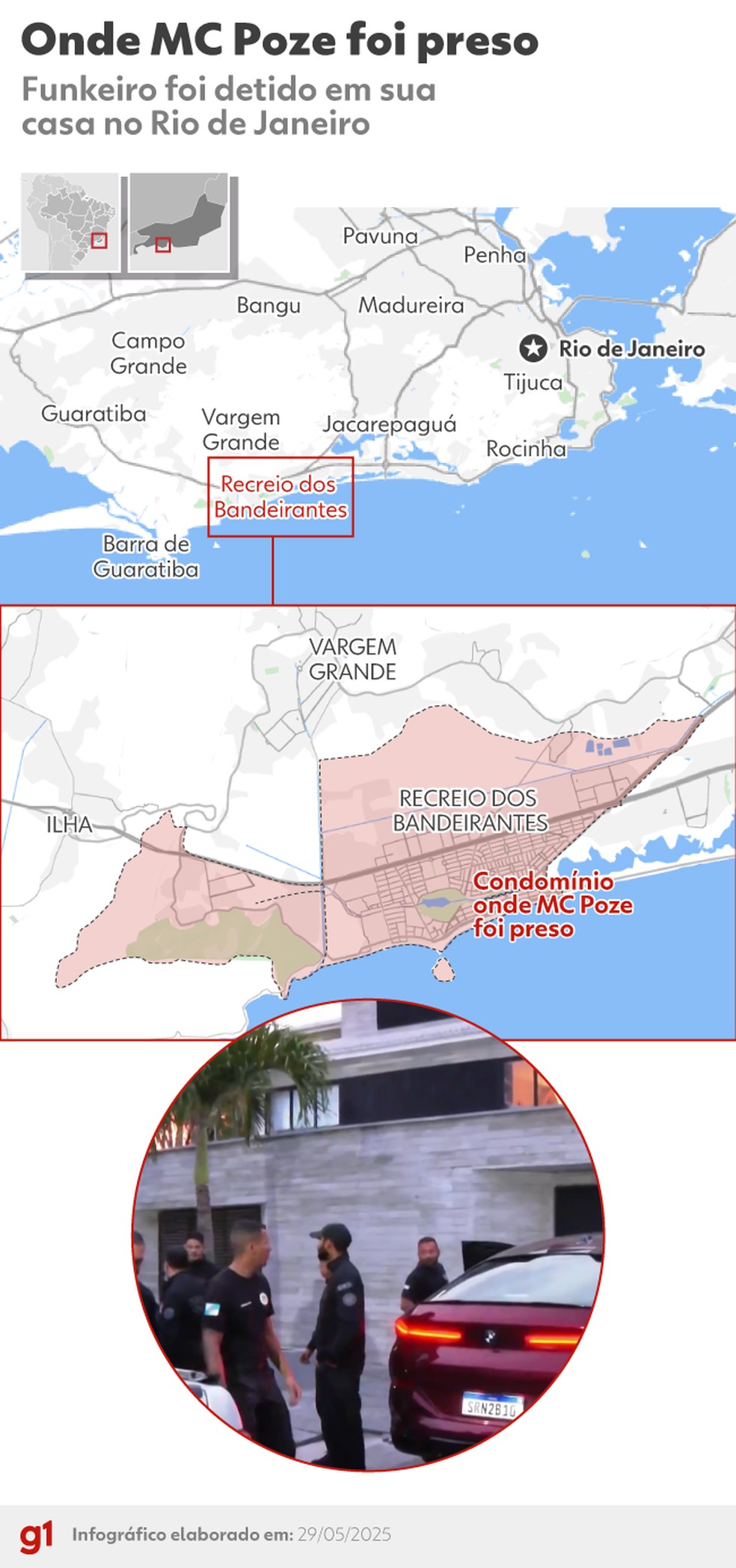 Mapa de onde MC Poze foi preso. — Foto: Arte/g1