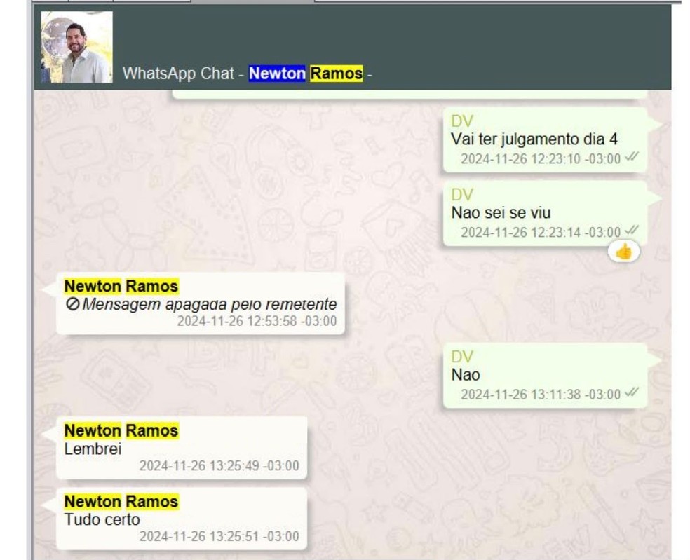 Troca de mensagens entre o desembargador Newton Ramos e o banqueiro Daniel Vorcaro — Foto: Reprodução