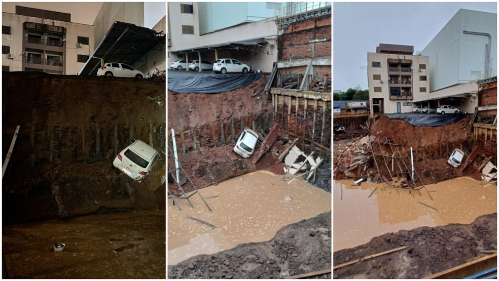 Prédio é evacuado após deslizamento de terra em garagem em Chapecó — Foto: Rafael Souza/NSC TV