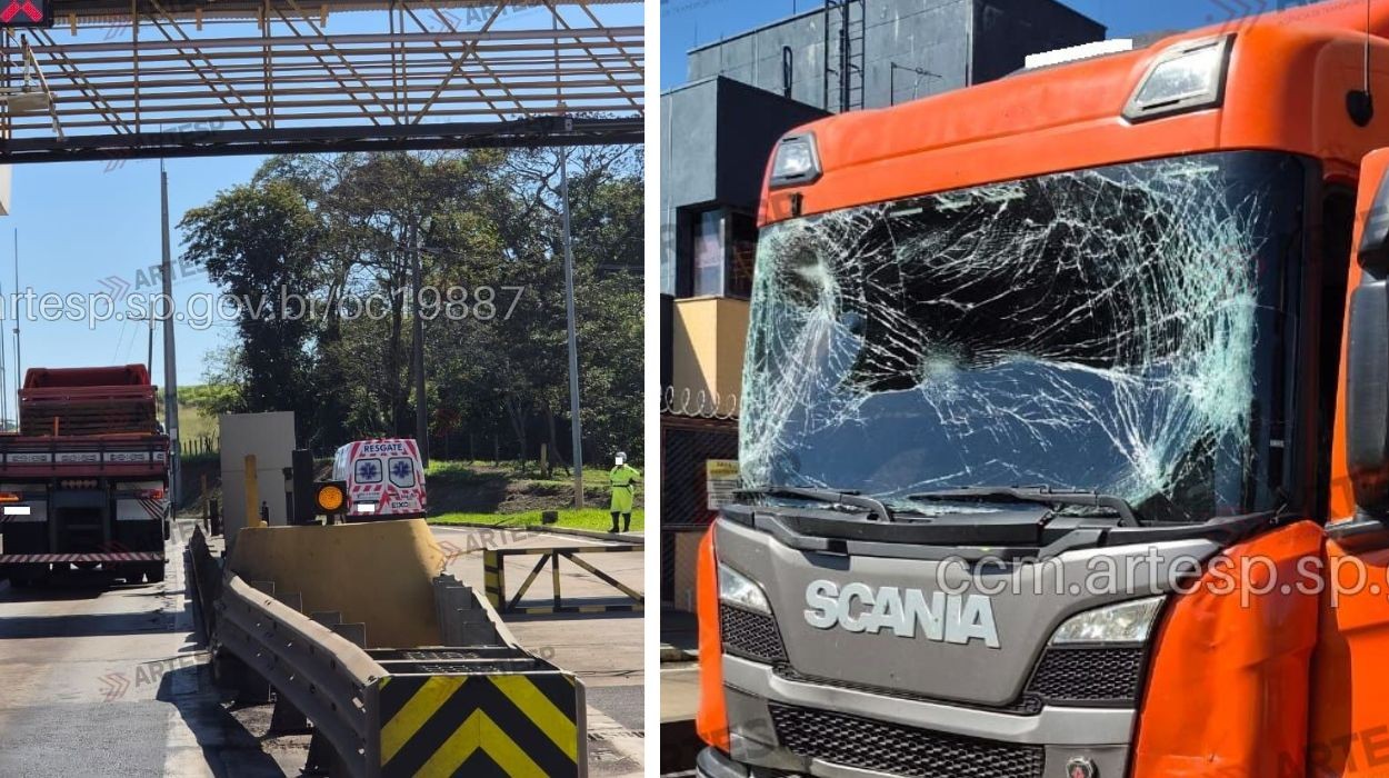 Acidente entre ônibus e caminhão interdita pista automática de pedágio na SP-310 no interior de SP