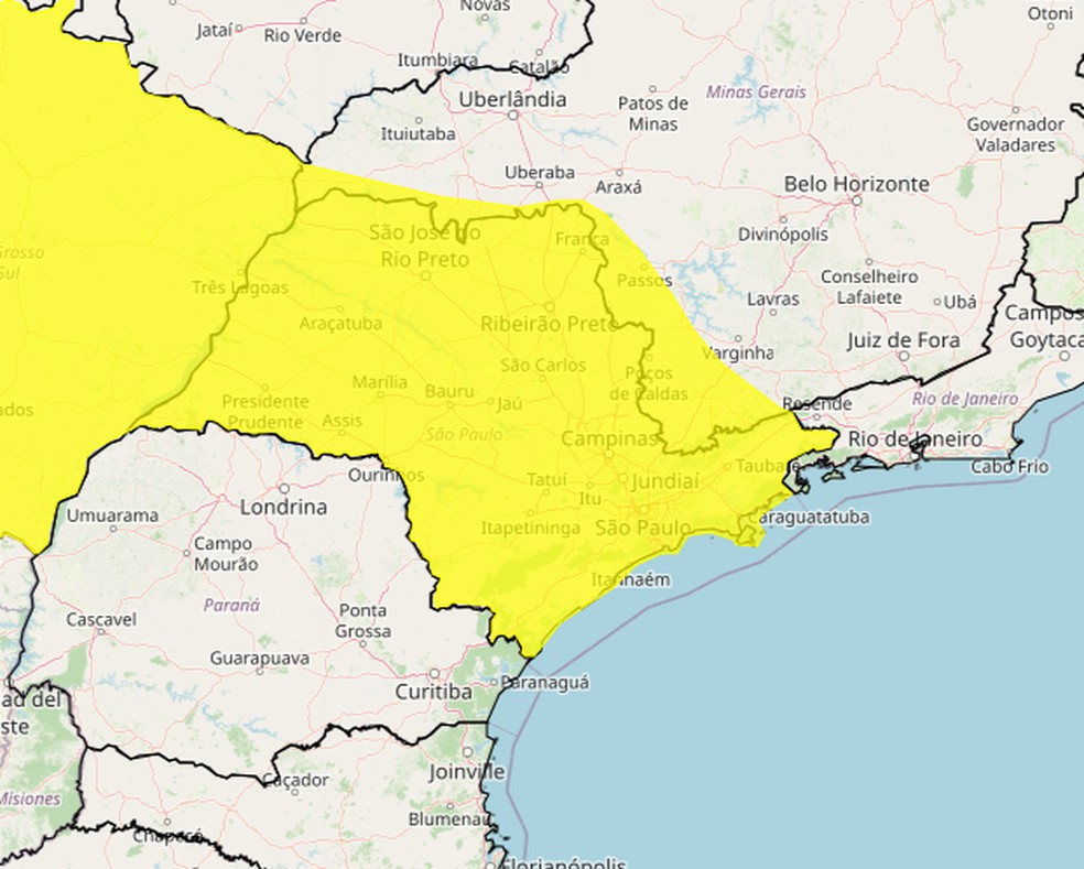 A região do Vale do Paraíba e Litoral Norte está sob alerta amarelo, de perigo potencial. — Foto: Reprodução/Inmet