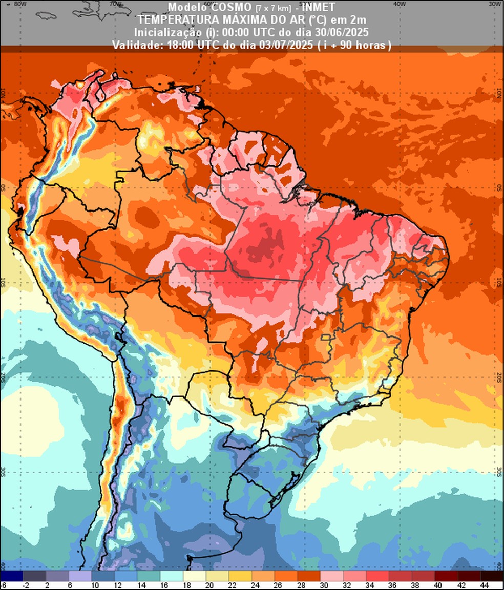 Previsão de temperatura máxima para o dia 03 de julho de 2025 às 15h (horário de  Brasília). — Foto: Inmet