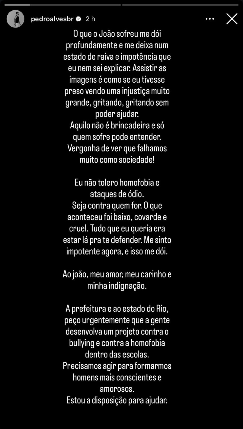 Pedro Alves, colega de elenco de João Victor Gonçalves em 'Quem Ama Cuida', se manifestou em apoio ao ator após o episódio no Rock in Rio — Foto: Reprodução/Instagram/Pedro Alves