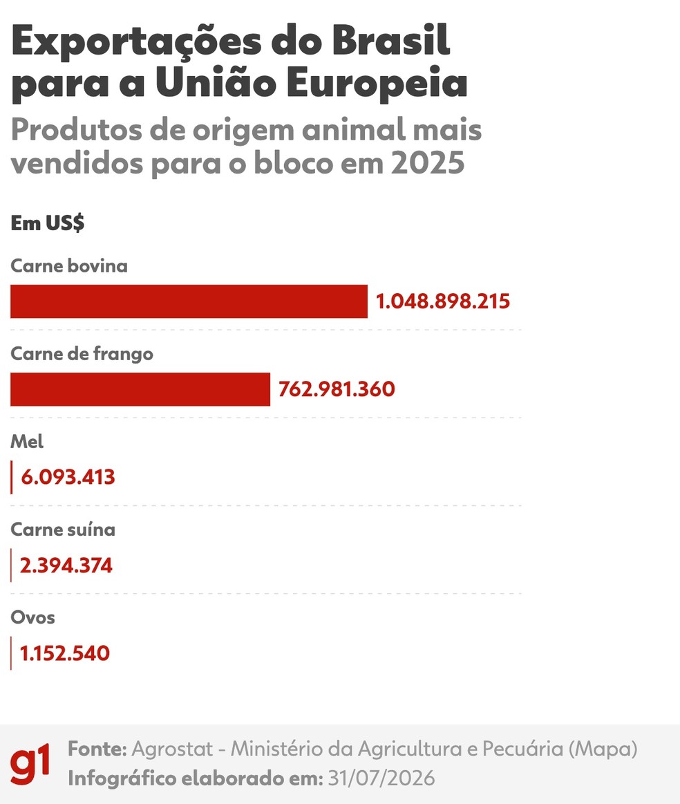 Carne bovina é produto de origem animal mais vendido para a União Europeia. — Foto: Arte/g1