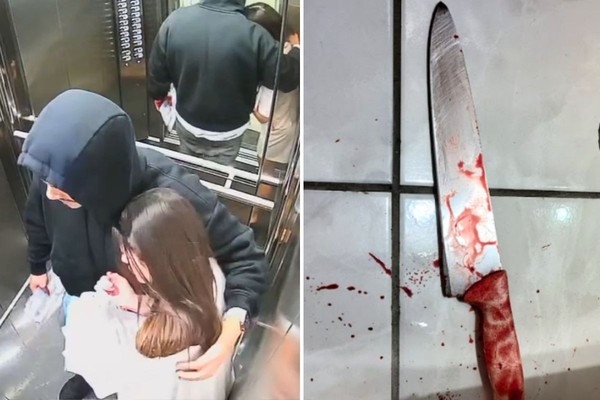 Mario Vitorino abraça Marcelly Peretto (à esq.) após assassinato do irmão dela; faca usada no crime (à dir.) — Foto: Reprodução