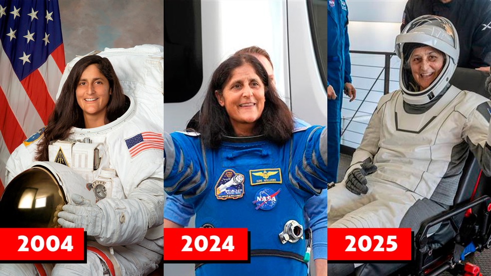A astronauta da Nasa Sunita Williams em 22 de setembro de 2004, 1 de junho de 2024 e 18 de março de 2025. — Foto: NASA/Mark Sowa, AP Photo/John Raoux e Keegan Barber/NASA