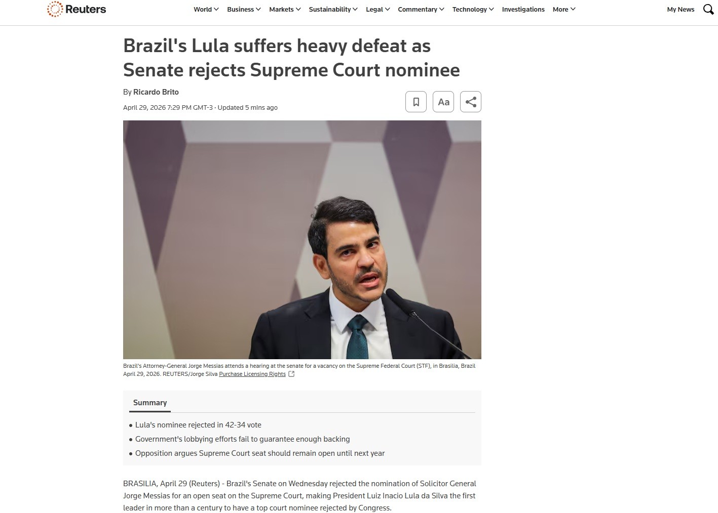 'Derrota histórica' e 'revés pesado': como a imprensa internacional noticiou a rejeição de Jorge Messias ao STF