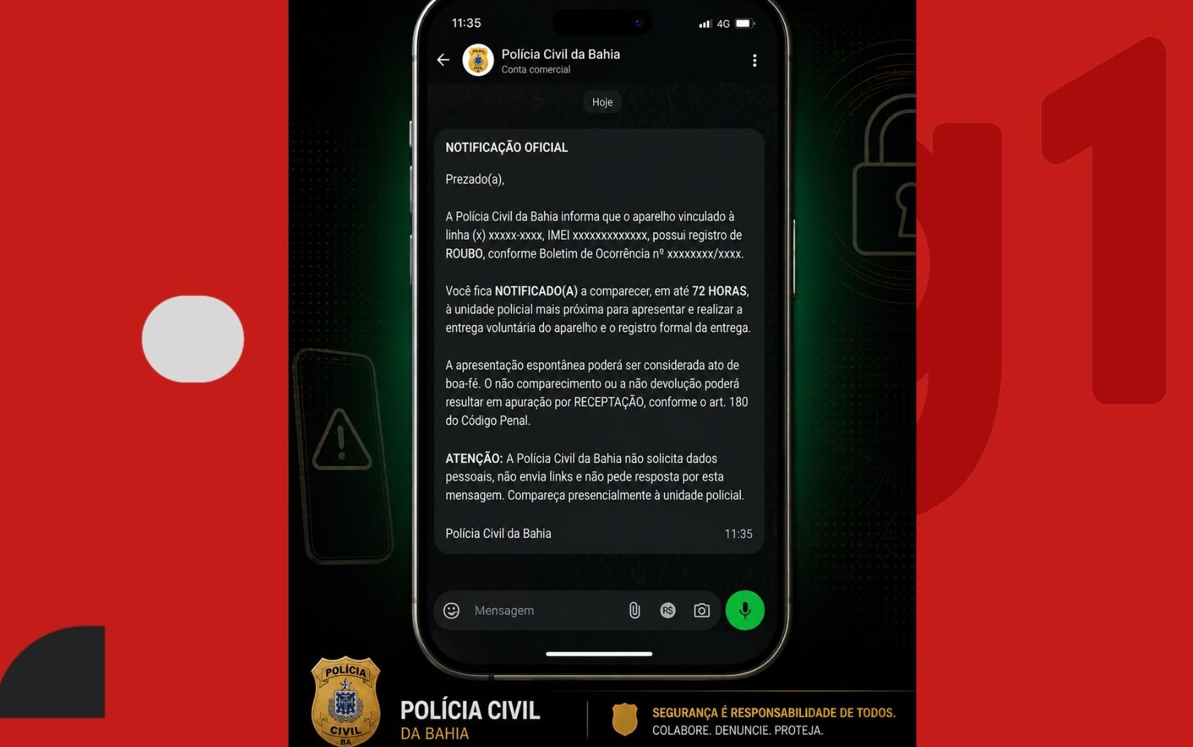 Polícia Civil envia mensagens a pessoas com celulares roubados ou furtados na Bahia; veja o que fazer