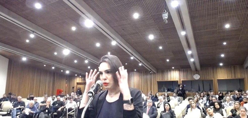 Isabela Tibcherani conta durante seu depoimento no júri de Paulo Cupertino que colocou as mãos nos ouvidos por causa do barulhos dos tiros — Foto: Reprodução/TJ-SP