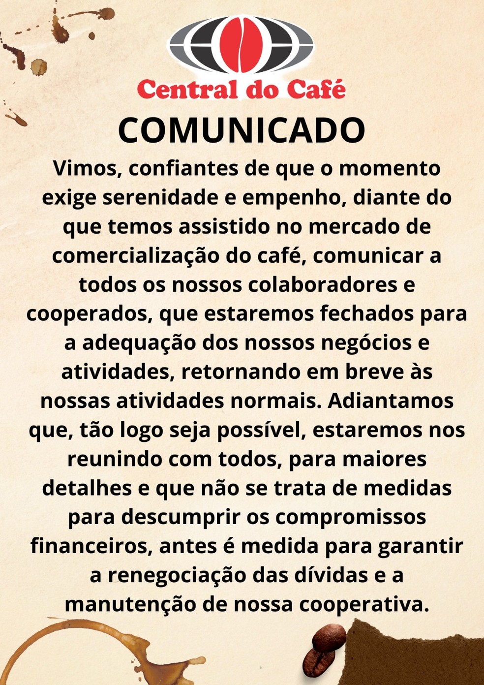 Comunicado sobre fechamento de cooperativa de café em Muzambinho diz que compromissos financeiros serão cumpridos — Foto: Reprodução redes sociais