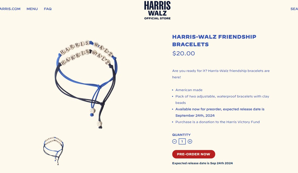Campanha de Kamala Harris anuncia venda de pulseirinhas da amizade inspiradas em 'swifties' após a cantora Taylor Swift declarar apoio à democrata em 11 de setembro de 2024. — Foto: Reprodução/site Harris-Walz