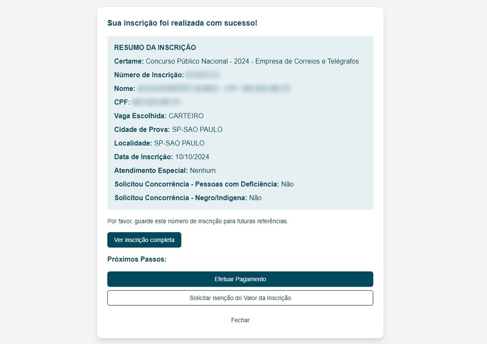 Inscrição para o concurso dos Correios — Foto: IBFC/Reprodução
