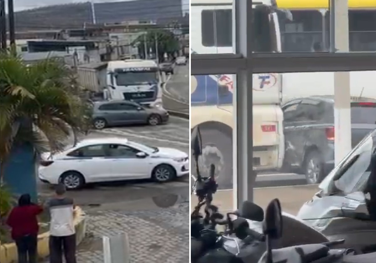 Motorista de caminhão arrasta carro sem perceber e cena chama atenção em rodovia do RJ; VÍDEO