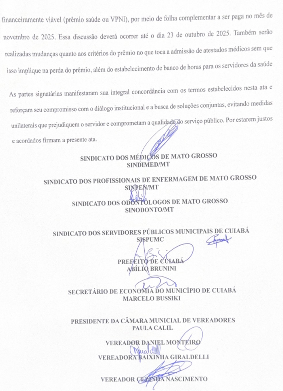 Ata de reunião entre prefeitura e sindicatos sobre proposta de redução do rendimento de insalubridade — Foto: Arquivo pessoal