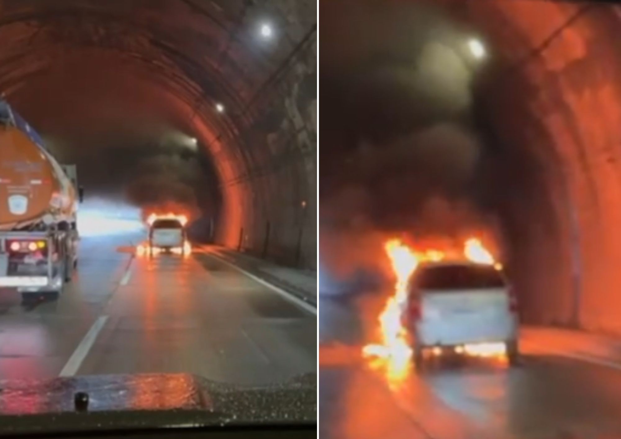 Carro é destruído após incêndio dentro de túnel e congestiona Rodovia dos Imigrantes 