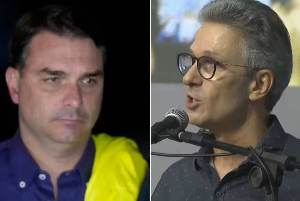 Fotos mostram Flávio Bolsonaro e Romeu Zema — Foto: AP Photo/Eraldo Peres; Reprodução/TV Globo
