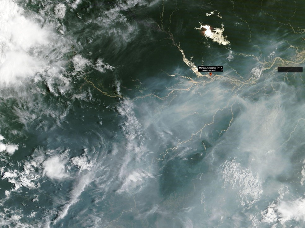 Imagem da NASA revela extensão da fumaça sobre Manaus e o AM nesta sexta-feira em meio ao avanço de queimadas. — Foto: Reprodução/Nasa Worldwide View