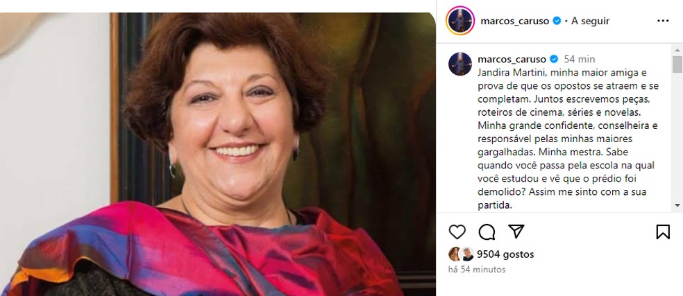 Marcos Caruso publicou nas redes sociais sobre morte de Jandira Martini — Foto: Reprodução/Instagram