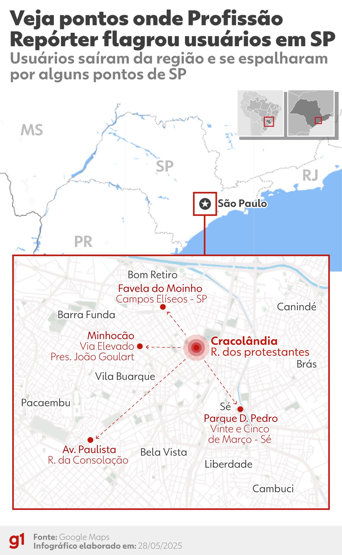 Cracolândia: mapa mostra pontos onde Profissão Repórter flagrou usuários em São Paulo