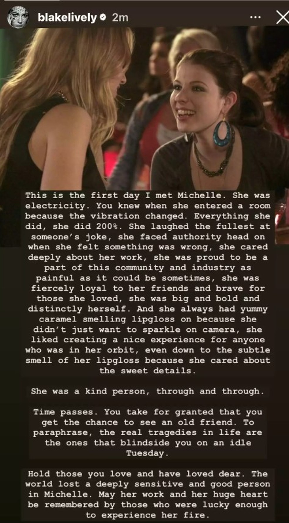 Blake Lively escreve homenagem a Michelle Trachtenberg — Foto: Reprodução/Instagram