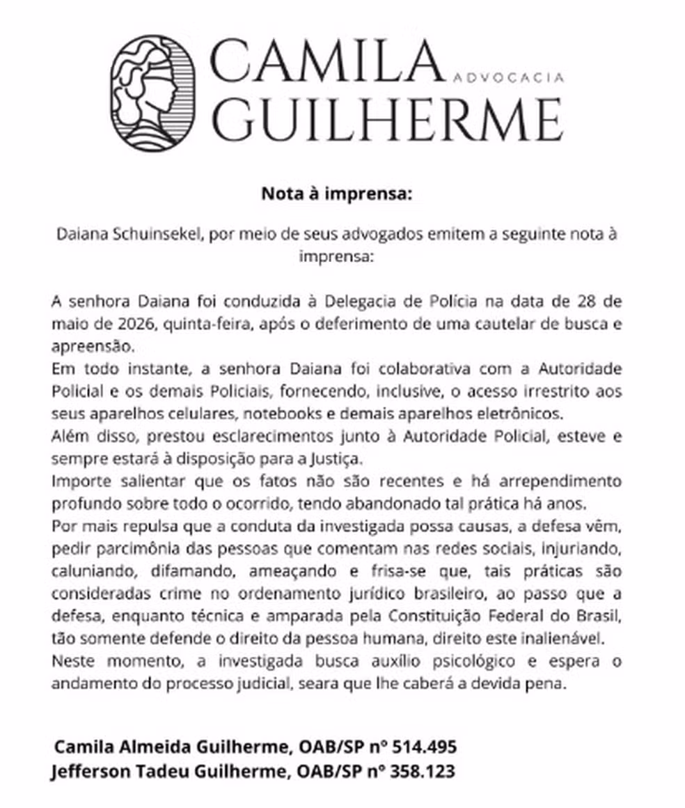 Nota de defesa de Diana de Almeida, investigada pela Polícia Civil por violência contra animais. — Foto: Reprodução/Redes Sociais