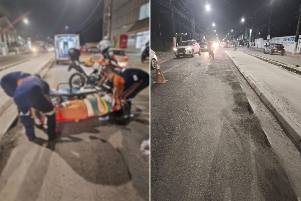 Motociclista é internado com fraturas após cair em avenida com obras no litoral de SP