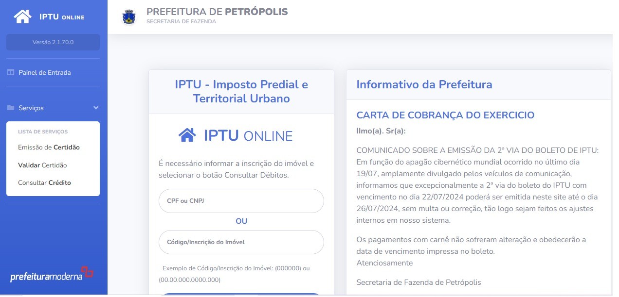 Vencimento do IPTU em Petrópolis tem prazo ampliado após pane na emissão do boleto pela internet