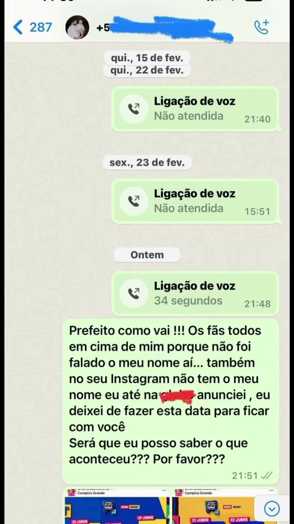 Imagens capturadas do celular de Roberta Miranda mostram supostas conversas com prefeito Bruno Cunha Lima  Foto: Roberta Miranda