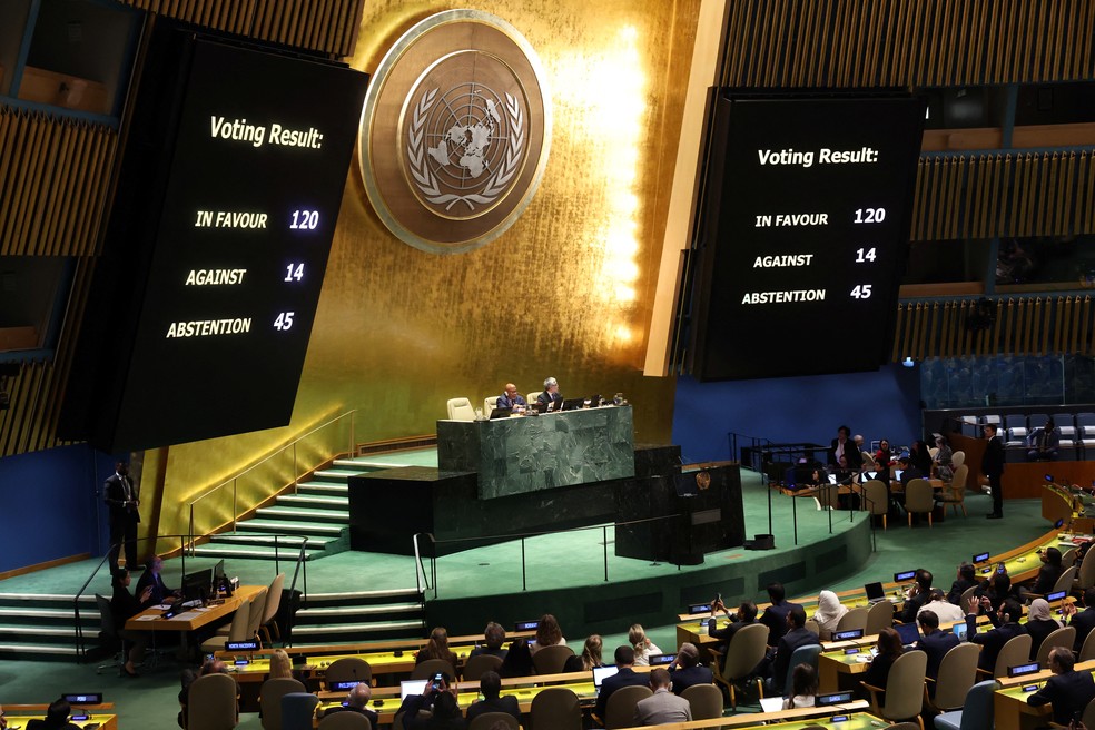 Com 120 votos a favor, Assembleia-Geral da ONU aprova resolução que defende pausa humanitária na guerra em Gaza. — Foto: Mike Segar/Reuters