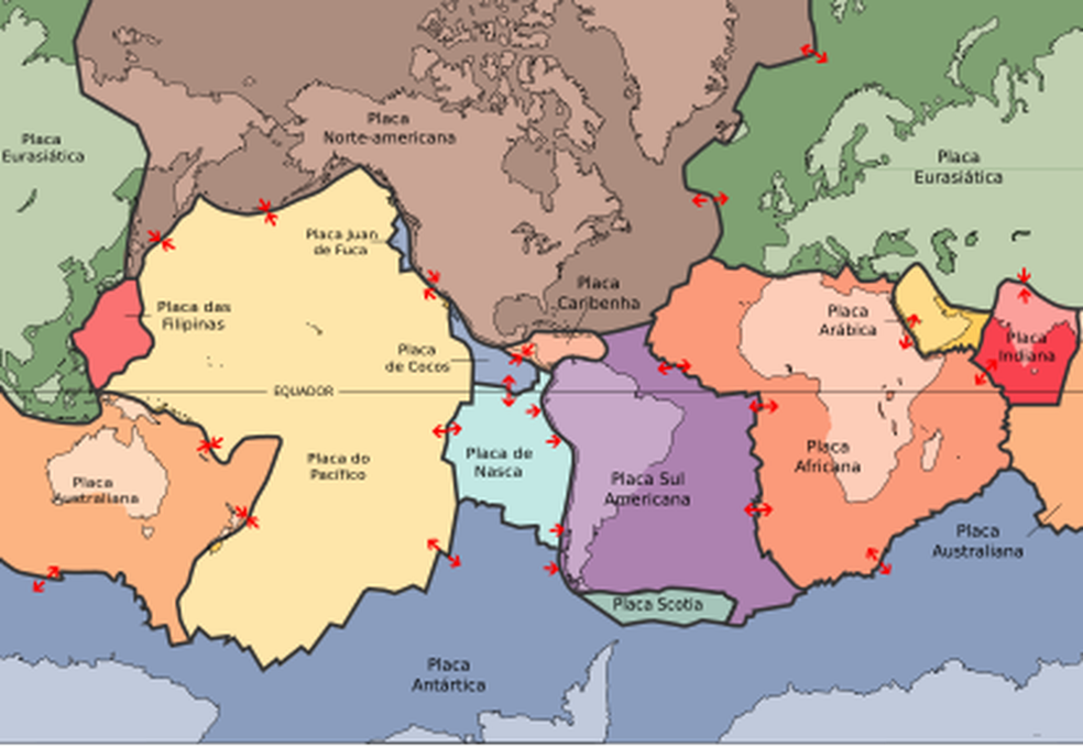 Mapa com as principais placas tectônicas da Terra — Foto: Reprodução