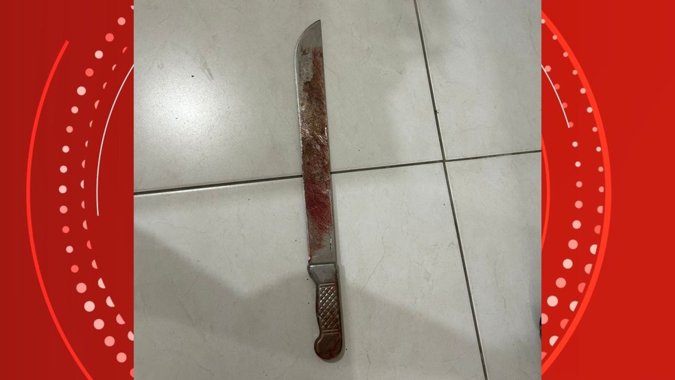 Homem é morto a golpes de facão pelo ex-companheiro da esposa em Rio Bananal, Espírito Santo. Na foto, o facão apreendido. — Foto: PCES