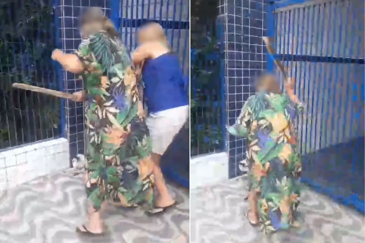 Tutora agride cadela a pauladas em frente a escola no litoral de SP; VÍDEO