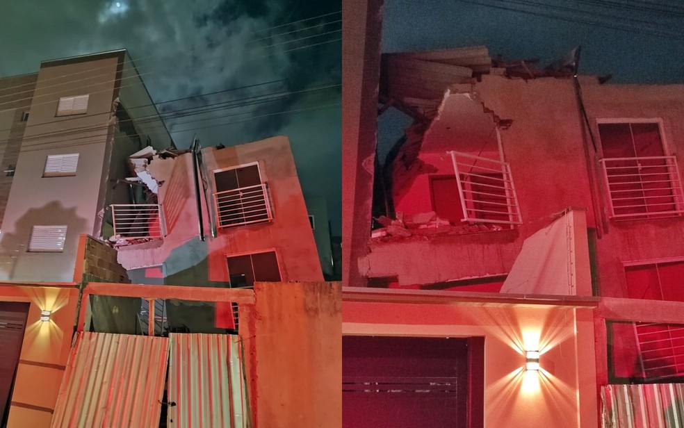Prédio de três andares em construção desaba e atinge imóvel vizinho em Poços de Caldas, MG — Foto: Corpo de Bombeiros