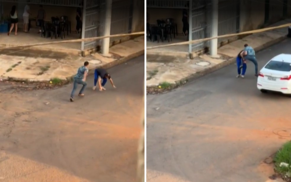 Homens são filmados brigando em rua de Goiânia — Foto: Reprodução/TV Anhanguera
