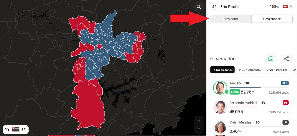 Mapa da apuração em São Paulo: como ver os resultados da votação para governador — Foto: Reprodução/g1