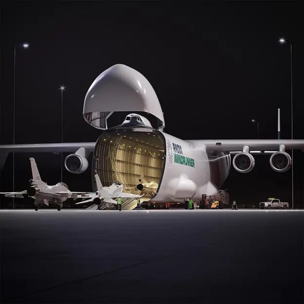 O WindRunner também poderia ser usado como avião militar para transporte de carga pesada, como a Radia mostrou nesta ilustração conceitual — Foto: RADIA
