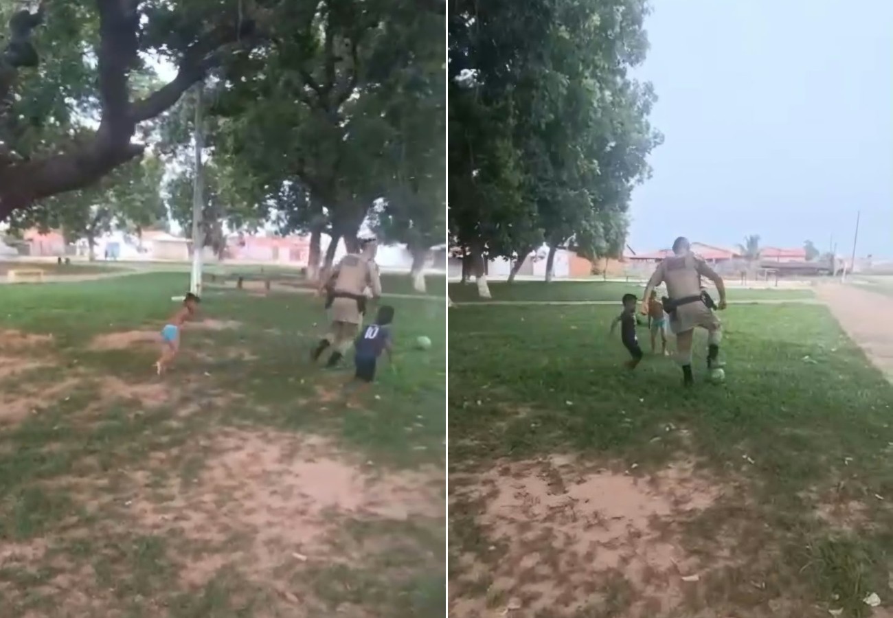 Comandante da PM joga futebol com crianças durante patrulhamento no TO; VÍDEO