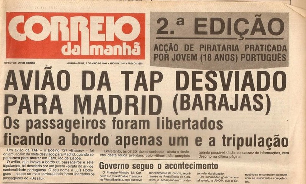 Jornal português 'Correio da Manhã' noticia na manchete o sequestro do voo 131 da TAP, em maio de 1980 — Foto: Reprodução/Redes Sociais