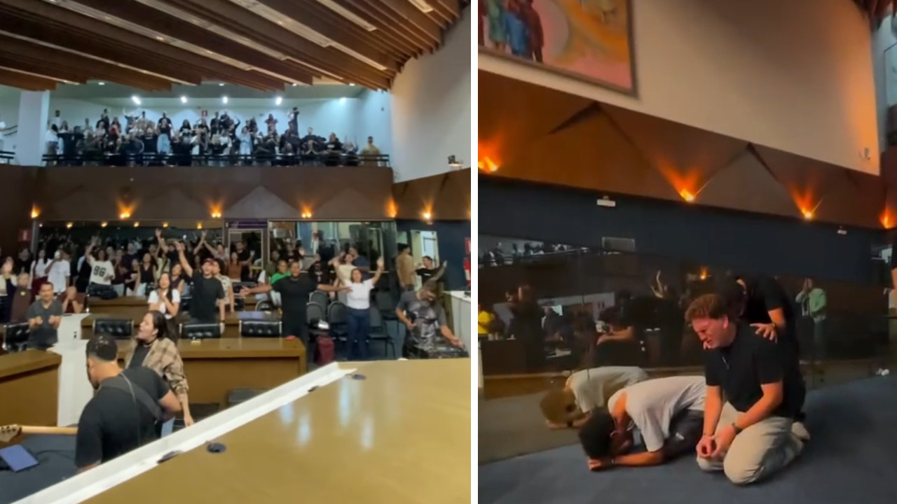 Fiéis ajoelhados, com olhos fechados e em meio a louvor: vídeo de encontro religioso na Câmara de BH viraliza