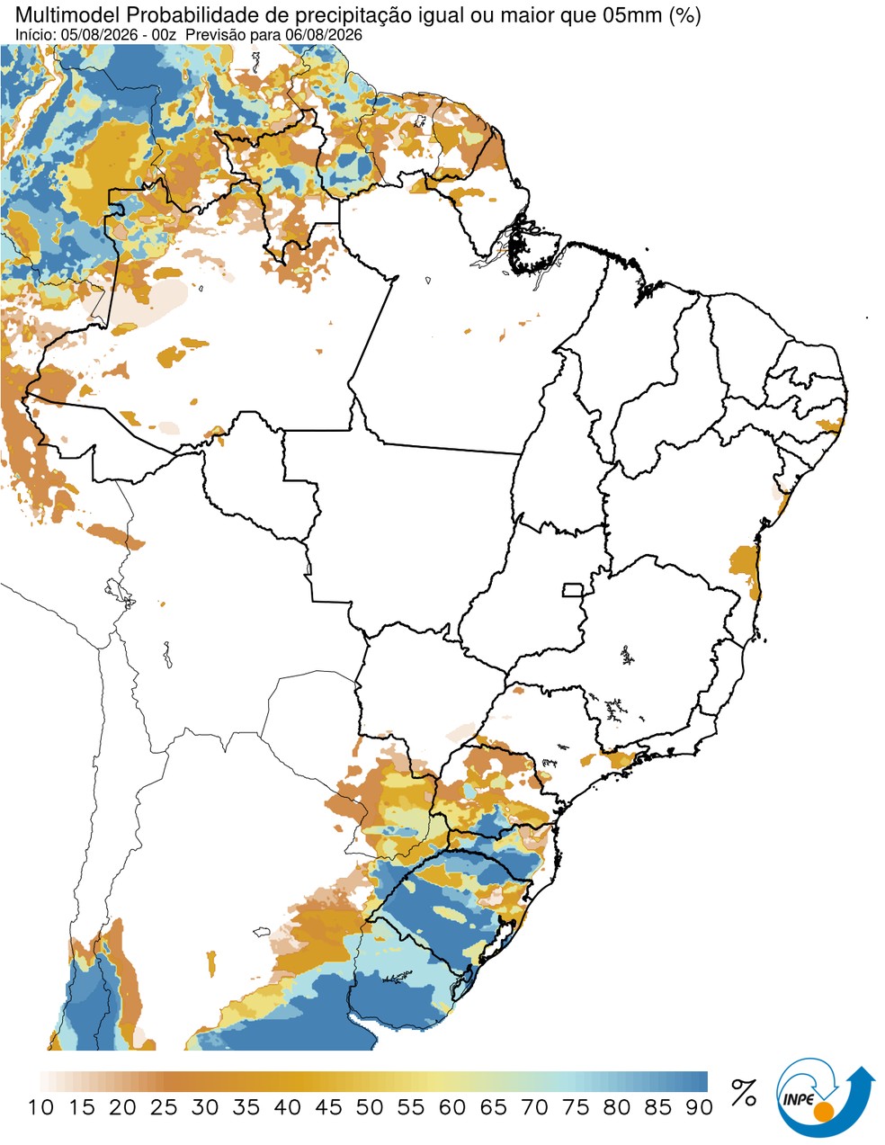 Previsão de chuva nesta quinta em todo o país. — Foto: CPTEC/Inpe