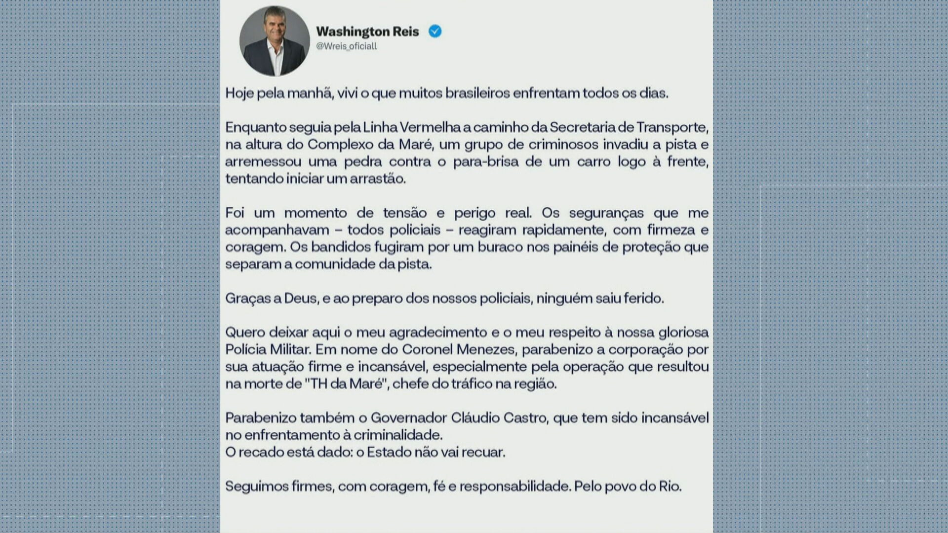 Secretário Washington Reis relata tentativa de assalto na Linha Vermelha