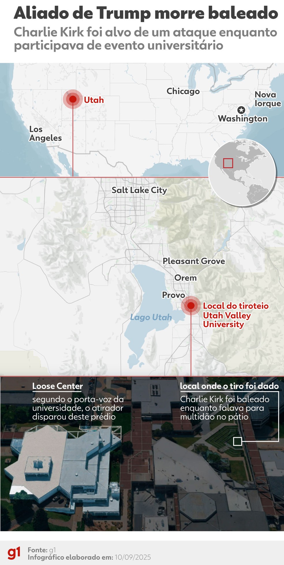 Mapa mostra local onde Charlie Kirk foi baleado — Foto: Arte g1