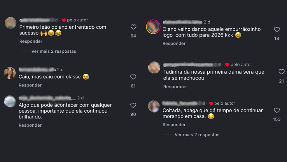 Internautas comentaram o vídeo com reações que variaram entre brincadeiras e preocupação com a primeira-dama. — Foto: Reprodução/Redes sociais