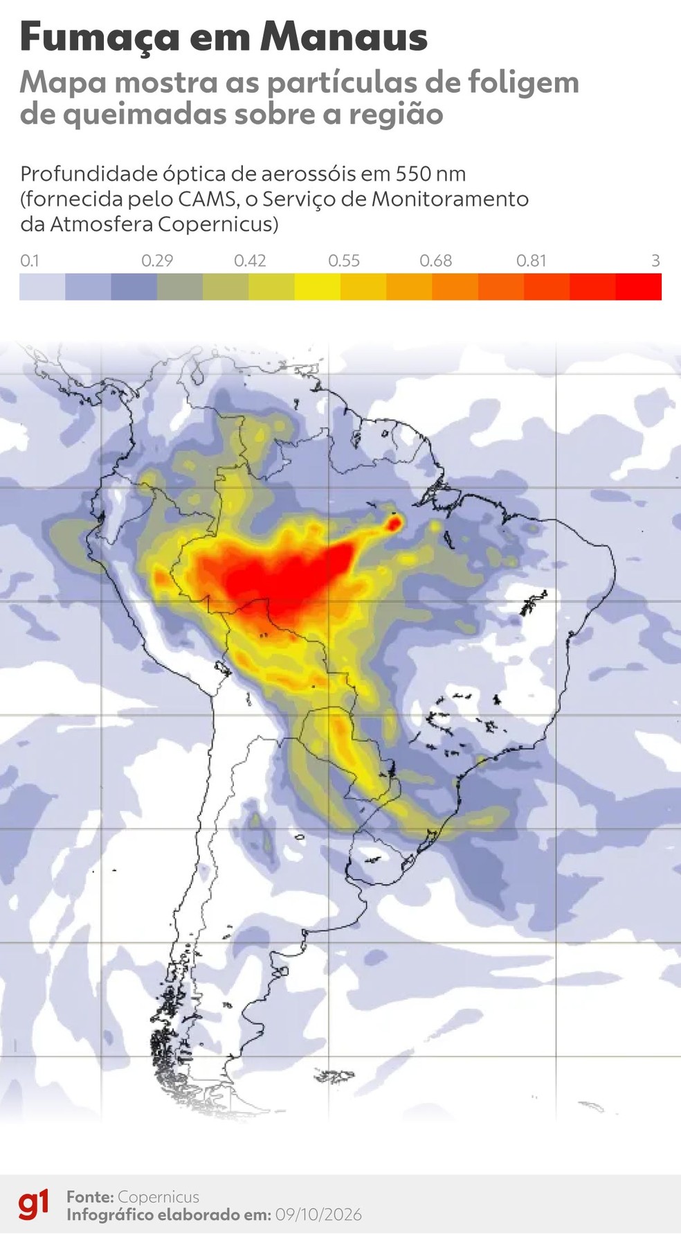 Mapa mostra fumaça de queimadas no Amazonas — Foto: Infográfico/g1