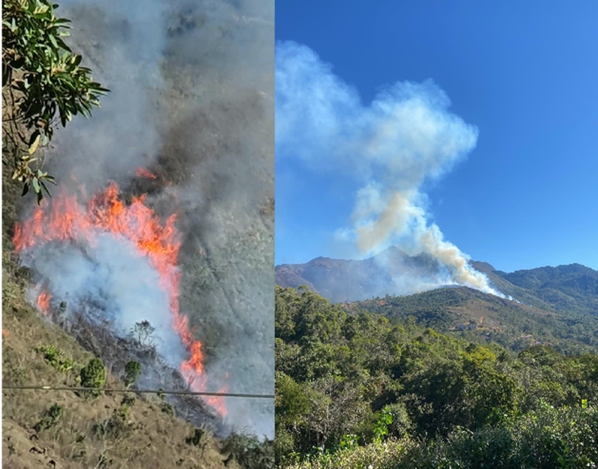 Incêndio de grandes proporções atinge área de mata no Parque das Montanhas, em Teresópolis