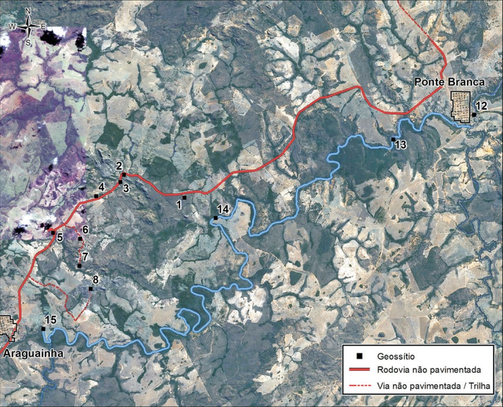 Geossítios presente no Domo de Araguainha — Foto: Cnes / Spot Image (Google Earth)