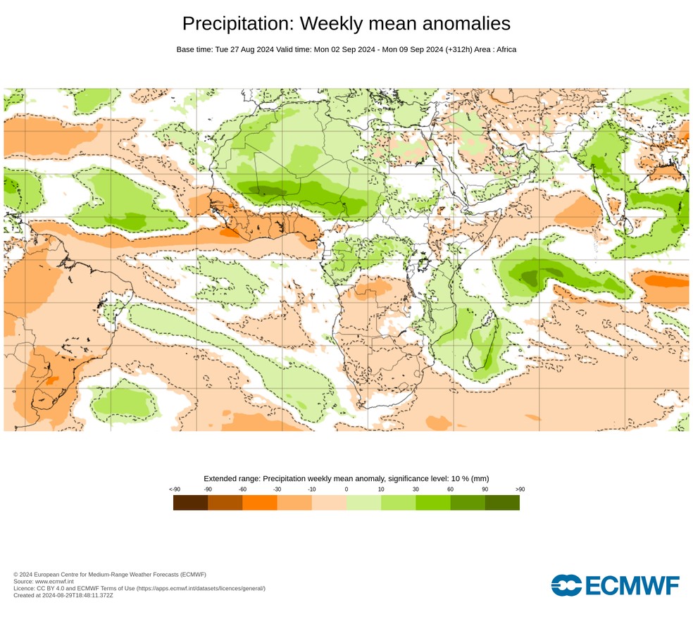 Mapa do Centro Europeu de Previses Meteorolgicas a Mdio Prazo (ECMWF) mostra as anomalias de precipitao previstas para as prximas semanas.  Foto: ECMWF