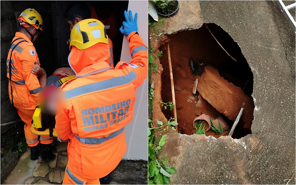 Idosa cai em cisterna de cinco metros após o solo ceder em quintal de Cambuquira (MG) — Foto: Corpo de Bombeiros/Divulgação