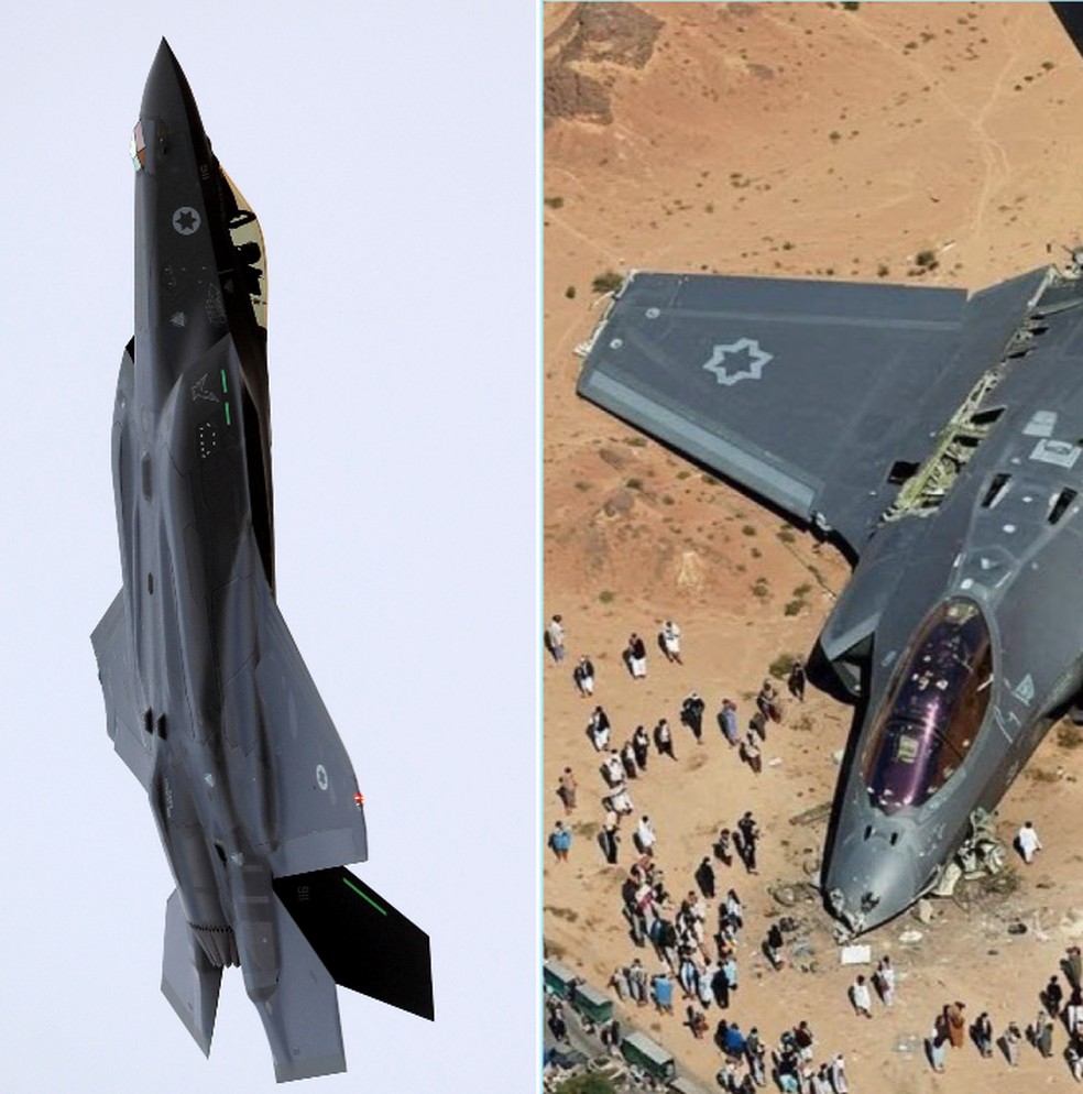 Imagem mostra verdadeiro caça F-35 de Israel (à esquerda) em comparação com imagem falsa que circula na internet (à direita). — Foto: Reprodução/Amir Cohen/Reuters